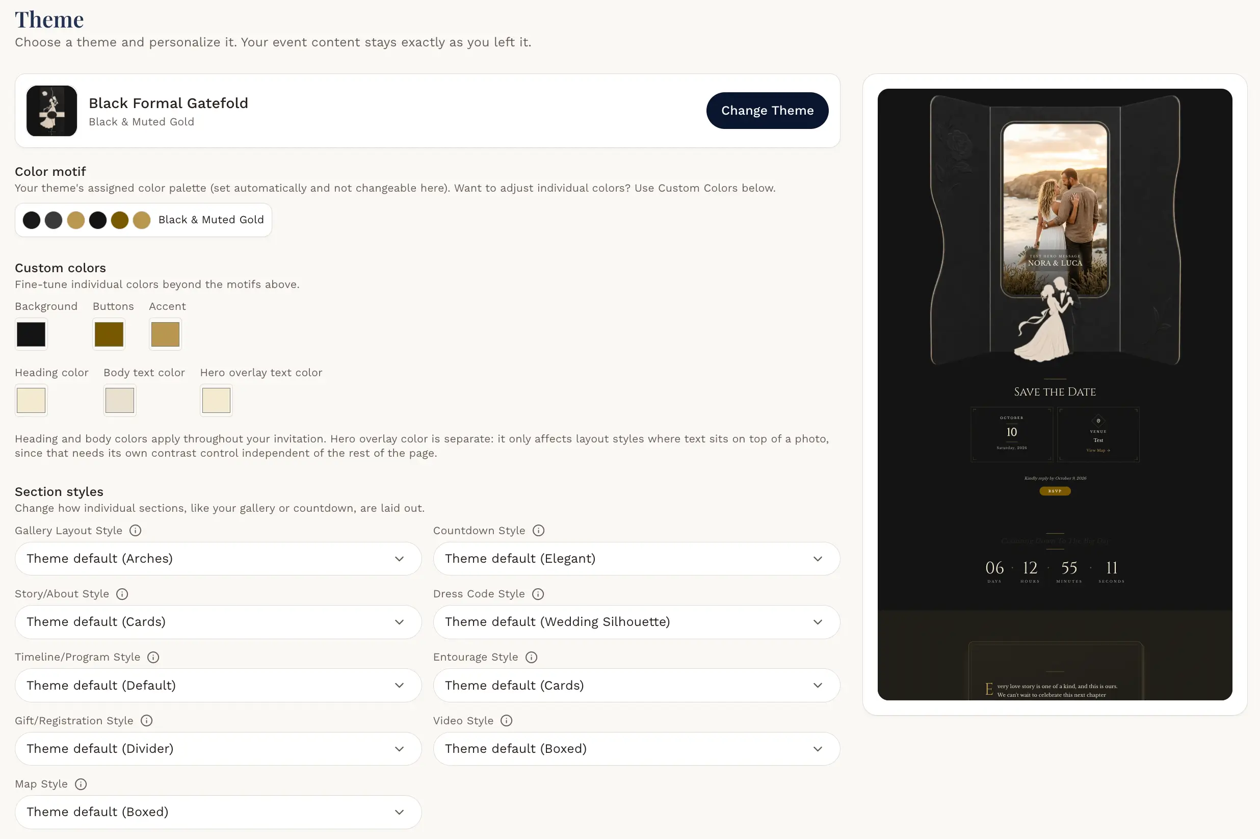 The theme customizer: choose a color motif, fine-tune colors, and pick section styles