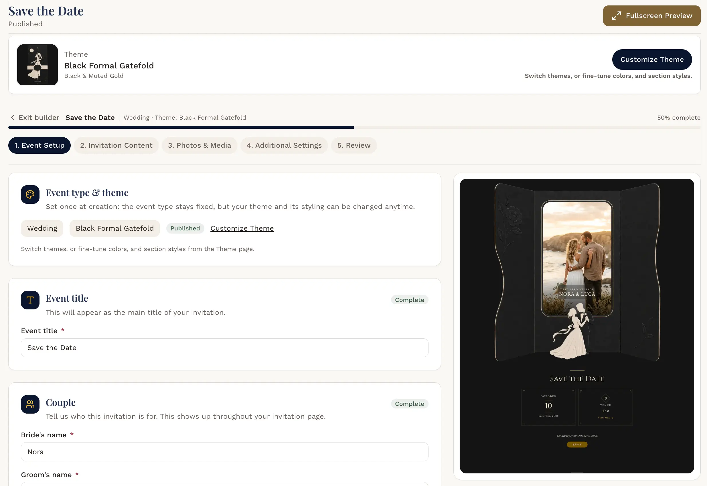 The invitation editor: your event details on the left and a live preview of your invitation on the right