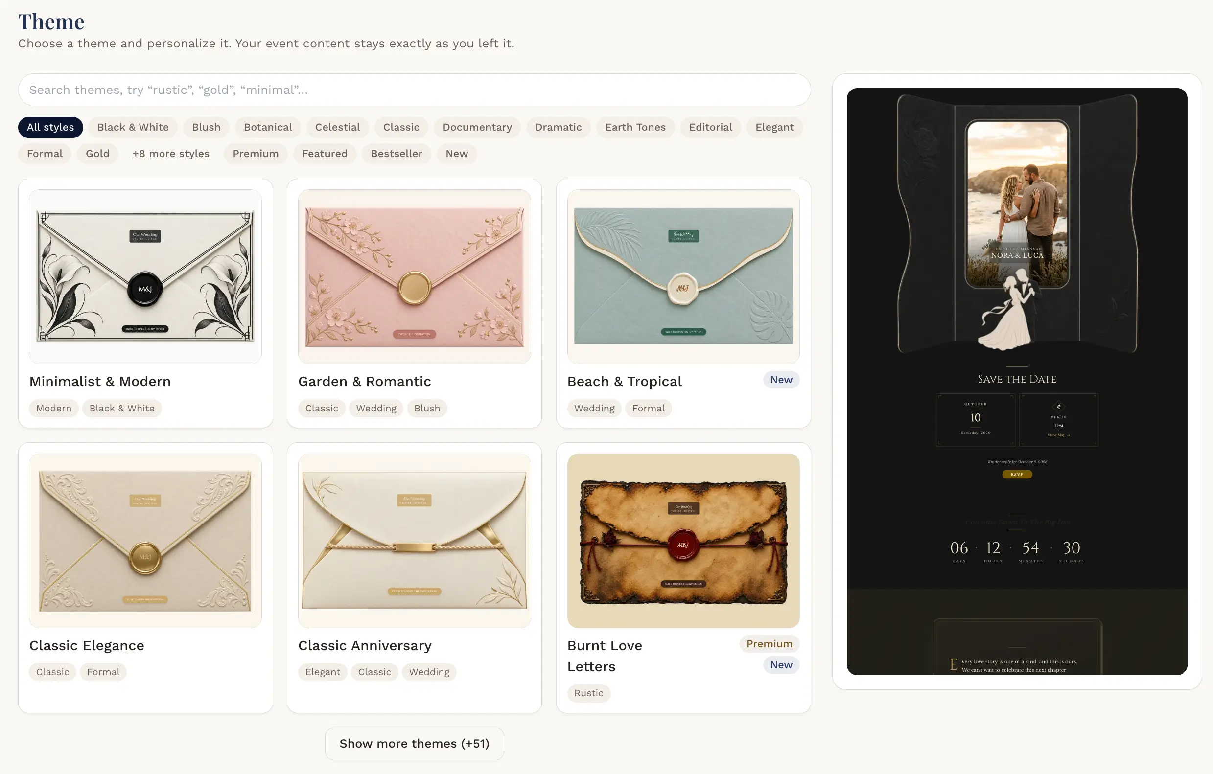 The theme gallery: search and filter themes, pick one, and see a live preview of it